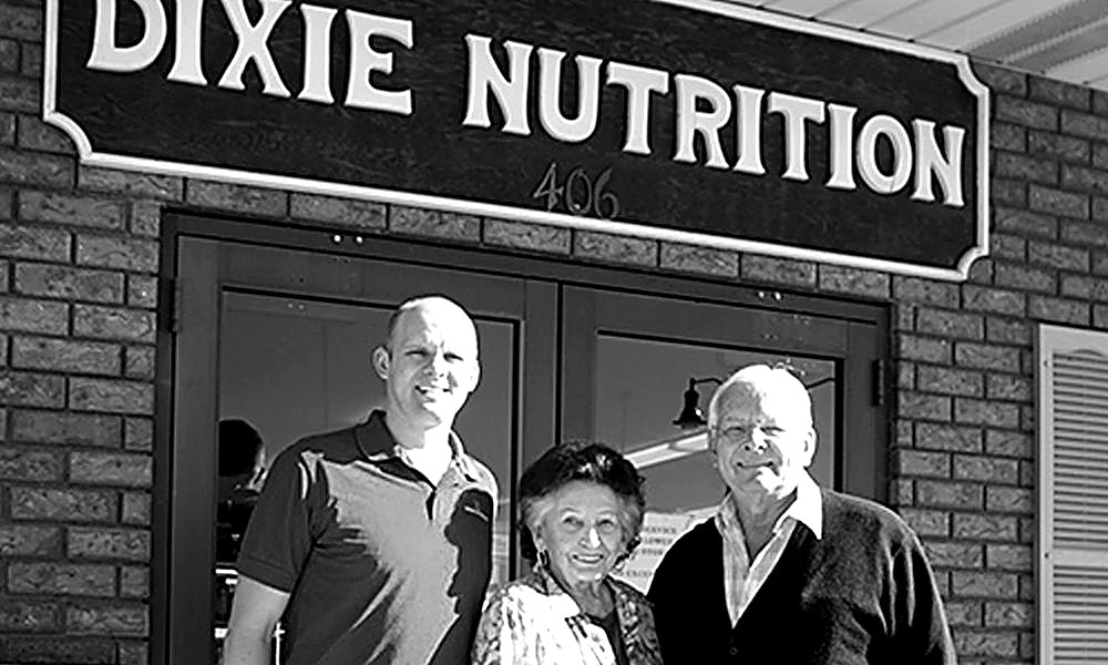 Three generations of the Gillespie family outside the Dixie Nutrition storefront